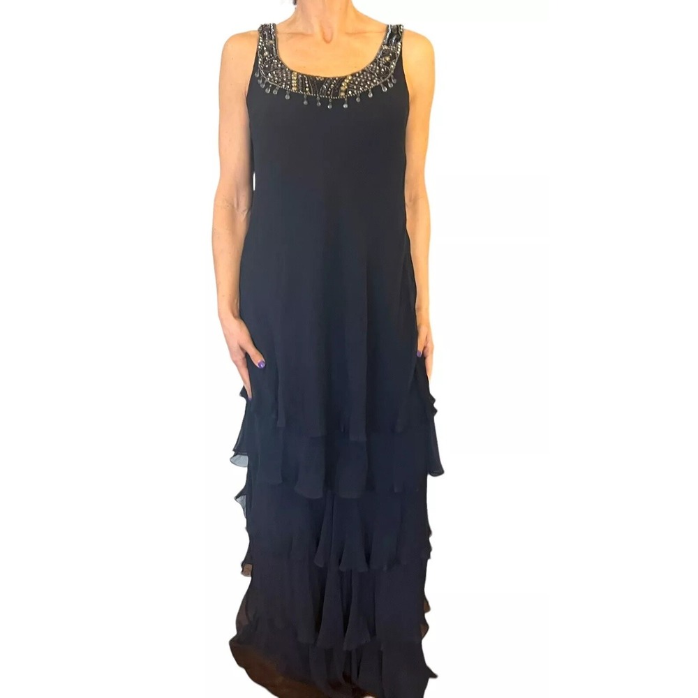 RICKIE FREEMAN  TERI JON NAVY SILK CHIFFON BEADED SLEEVELESS LONG DRESS GOWN 6